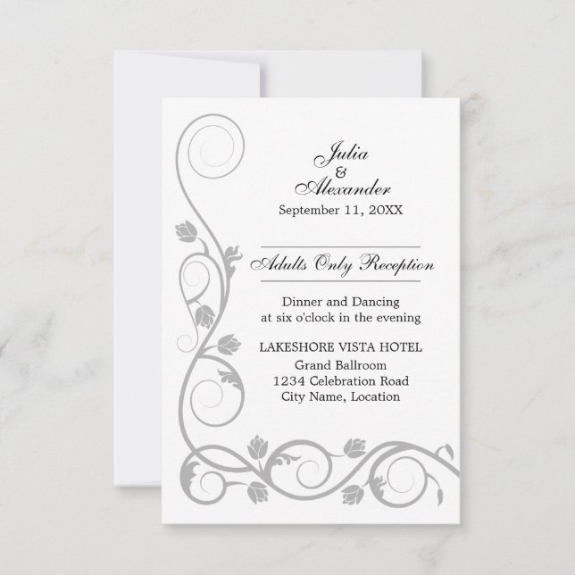 Elegant Silver Swirls Reception Cards (Front)