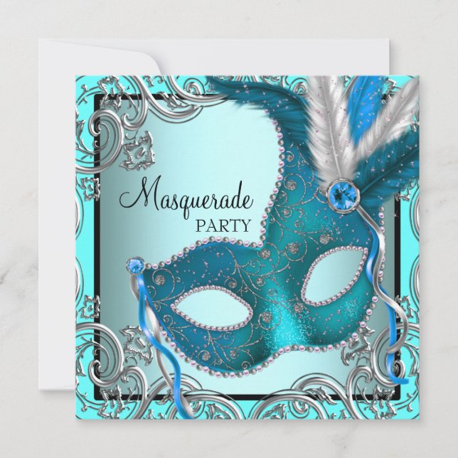 Elegant Silver Teal Blue Masquerade Party Invitation (Front)