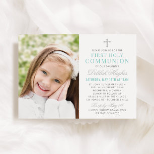 Elegant Silver Teal First Communion Girl Photo Invitation
