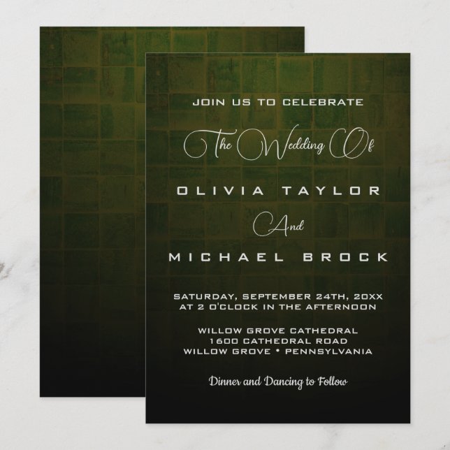 Elegant silver text on dark green wedding invitation (Front/Back)
