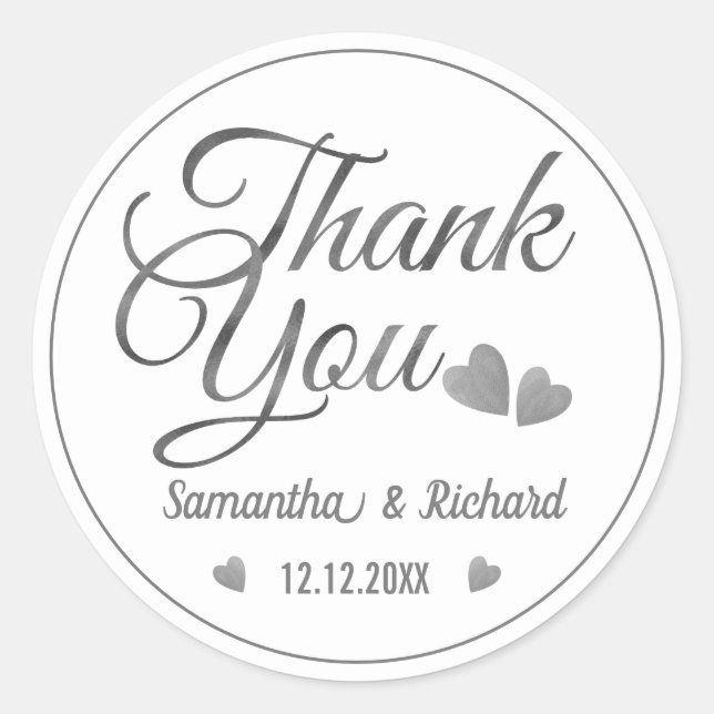 Elegant Silver Thank You Wedding Favour   Classic Round Sticker (Front)