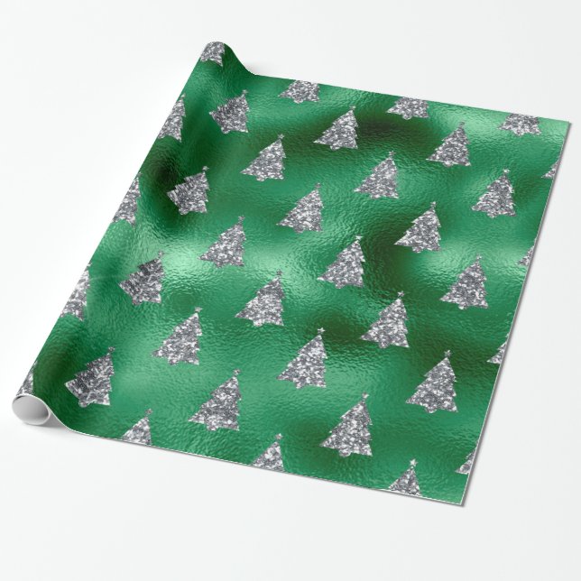 Elegant Silver Trees Christmas Wrapping Paper (Unrolled)