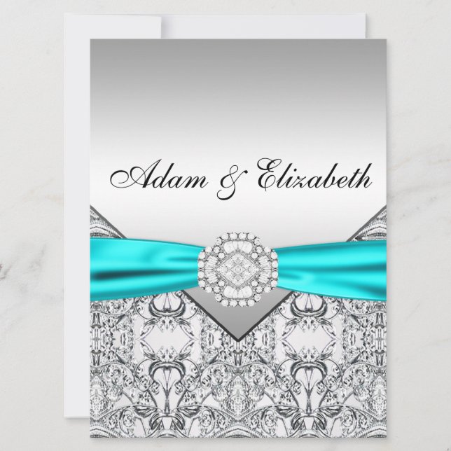 Elégant Silver Turquoise Blue Wedding Invitations (Devant)