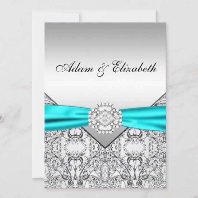 Elégant Silver Turquoise Blue Wedding Invitations (Devant)