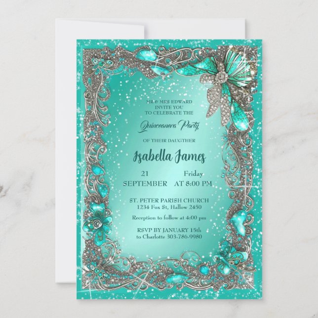 elegant silver turquoise jewellery mis 15th birthd invitation (Back)