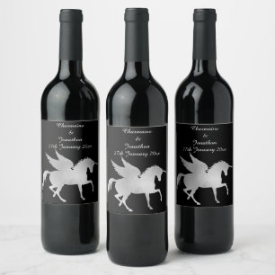 ELEGANT SILVER UNICORN BLACK CUSTOMIZABLE  WINE LABEL