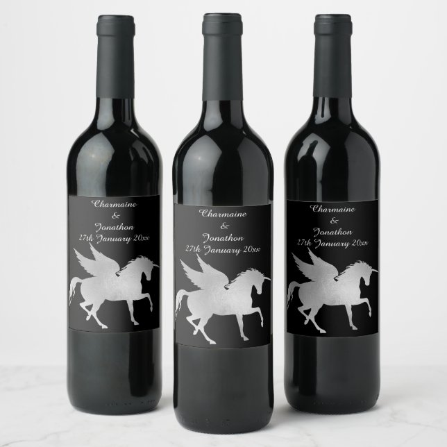 ELEGANT SILVER UNICORN BLACK CUSTOMIZABLE  WINE LABEL (Bottles)