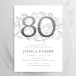 Elegant Silver White 80th Birthday Invitation<br><div class="desc">Elegant silver white 80th birthday party invitation. Customizable modern feminine design featuring roses botanical accents and faux glitter silver. Simple floral invite card perfect for a stylish female bday celebration. Personalize with your own details. Printed Zazzle invitations or instant download digital printable template.</div>
