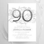 Elegant Silver White 90th Birthday Invitation<br><div class="desc">Elegant silver white 90th birthday party invitation. Customizable modern feminine design featuring roses botanical accents and faux glitter silver. Simple floral invite card perfect for a stylish female bday celebration. Personalize with your own details. Printed Zazzle invitations or instant download digital printable template.</div>