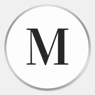 Elegant Silver White and Black Initial Monogram Classic Round Sticker