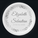 Elegant Silver & White Frilly Filigree Wedding Paper Plate<br><div class="desc">These beautiful paper plates are designed to coordinate with our Silver Foil Elegant Wedding Suite. They feature a faux foil gold floral border with a space to enter the name of the couple and the wedding date. Text is grey, background is white. Fully customizable. Make your wedding reception all the...</div>