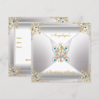 Elegant Silver White Gold Blue Jewel Birthday Invitation