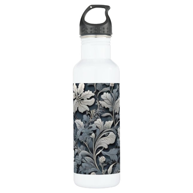 Elegant silver white grey floral 710 ml water bottle (Front)