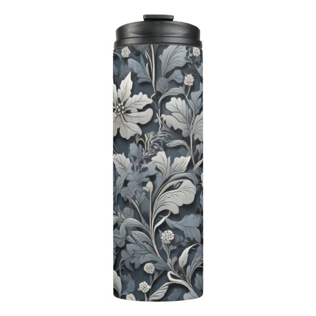 Elegant silver white grey floral thermal tumbler (Front)