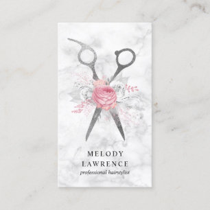 Elegant silver white marble scissors hairstylist business card