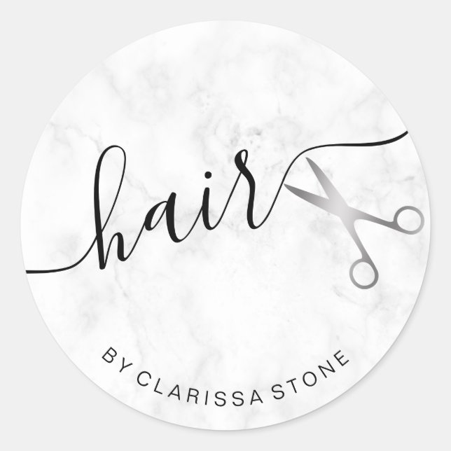 Elegant silver & white marble scissors hairstylist classic round sticker (Front)