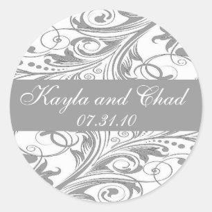 Elegant Silver White Ornate Flourishes Wedding Classic Round Sticker