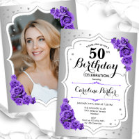 Elegant Silver White Purple Photo 50th Birthday