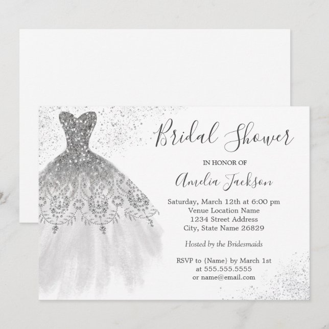 Elegant Silver White Wedding Gown Bridal Shower Invitation (Front/Back)