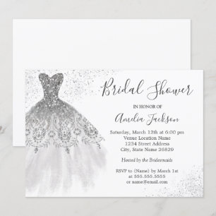 Elegant Silver White Wedding Gown Bridal Shower Invitation