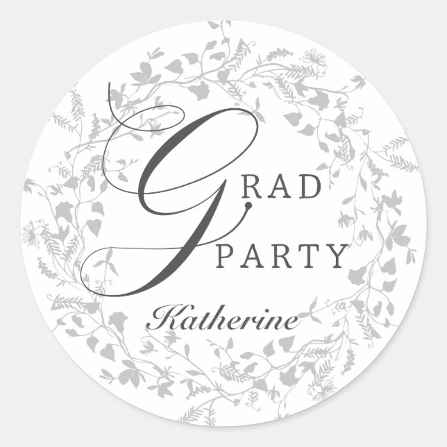 Elegant Silver Wildflower Wreath Graduation Party Classic Round Sticker (Front)
