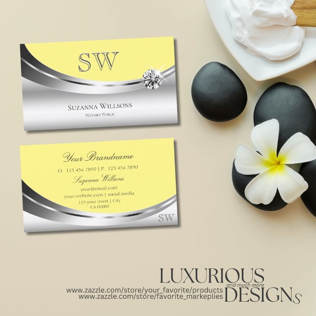 Elegant Silver Yellow with Monogram and Diamond Business Card (Creator Uploaded)