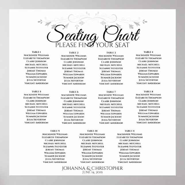 Elegant Simple 11 Table Wedding Seating Chart (Front)