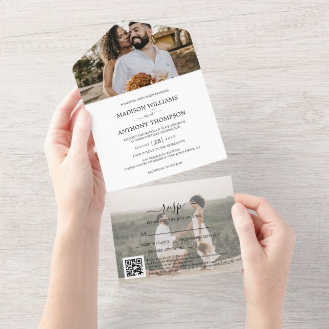Elegant Simple 2 Photo Qr Code Wedding All In One Invitation (Tearaway)
