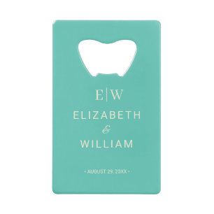 Elegant Simple Aquatic Awe with Monogram Wedding Credit Card Bottle Opener