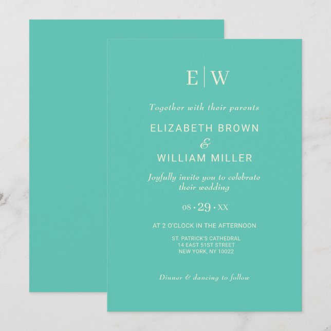 Elegant Simple Aquatic Awe with Monogram Wedding Invitation (Front/Back)