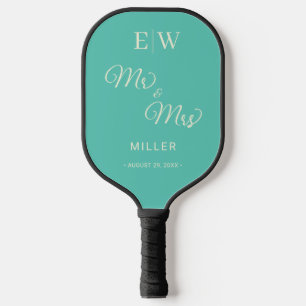 Elegant Simple Aquatic Awe with Monogram Wedding Pickleball Paddle
