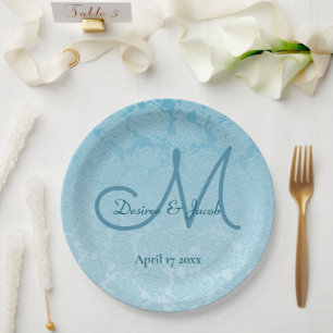 Elegant Simple Baby Blue Wedding Monogram Paper Plate