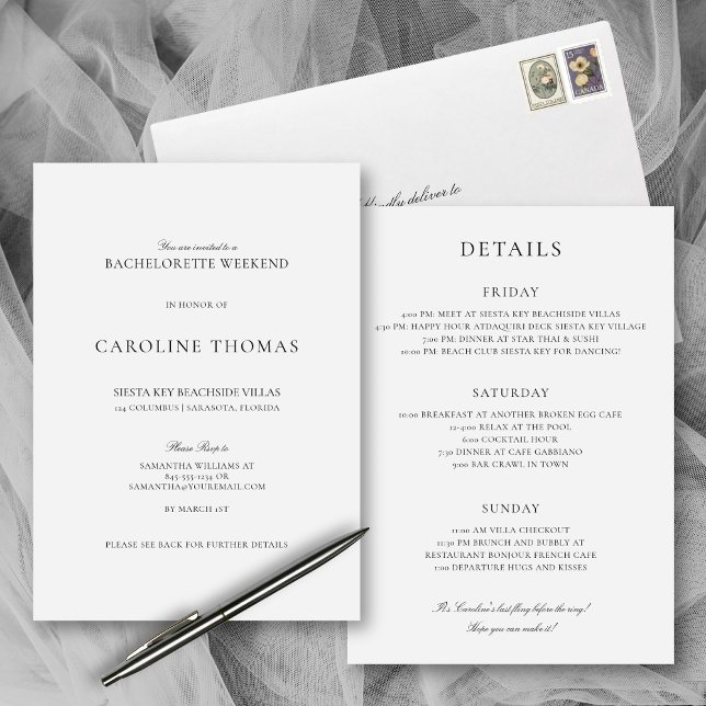 Elegant Simple Bachelorette Weekend with Itinerary Invitation (This simple, elegant bachelorette weekend invitation provides plenty of room for all the fun details)