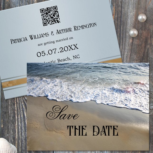 Elegant Simple Beach Save the Date Card (Save the Date card featuring waves on the beach on the front and a dusty blue design on the back)