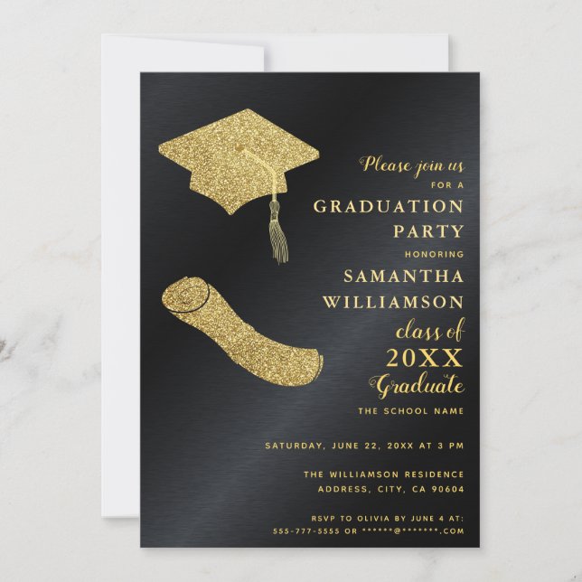 Elegant Simple Black and Gold Graduation Party Invitation (Front)