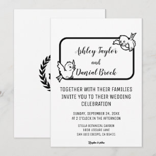Elegant Simple Black And White Birds Chic Wedding Invitation