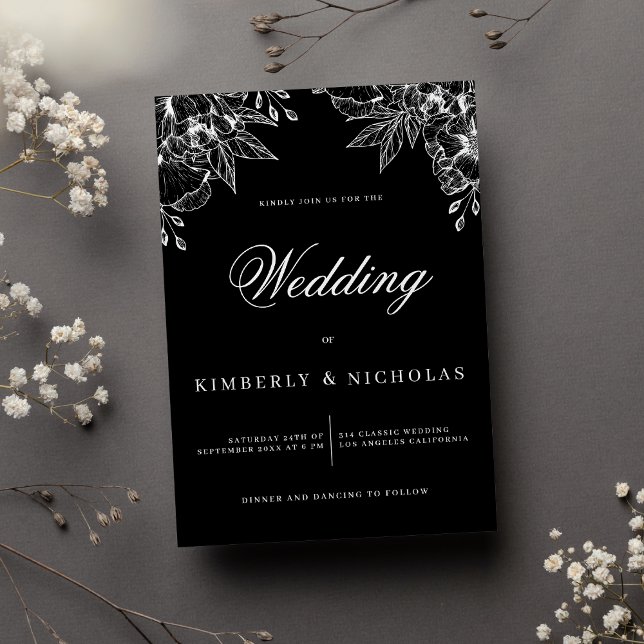 Elegant simple black and white floral wedding invitation (Elegant simple black and white floral wedding)