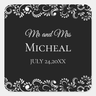 Elegant simple black and white floral wedding square sticker