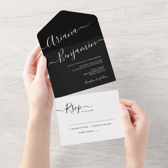 Elegant Simple Black and white minimalist Budget All In One Invitation (Tearaway)