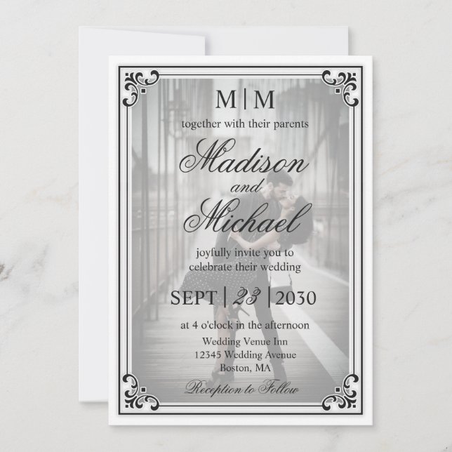 Elegant Simple Black and White Wedding Invitation (Front)