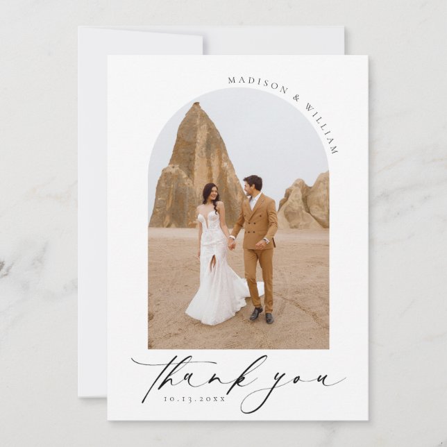 Elegant Simple Black and White Wedding Photo Thank You Card (Front)