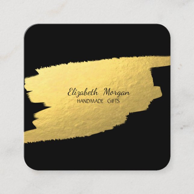 Elegant Simple Black, Faux Gold Foil Brush Stroke Square Business Card (Front)