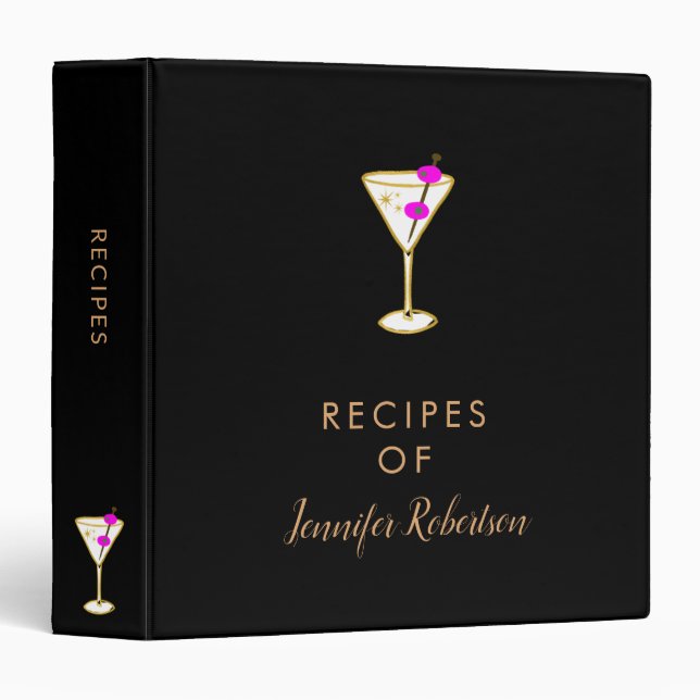 Elegant Simple Black Gold Monogram Cocktail Recipe Binder (Front/Spine)