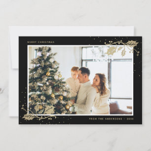 Elegant Simple Black Gold Photo Christmas Cards