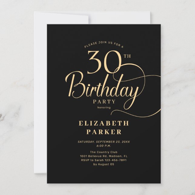 Elegant Simple Black Gold Script 30th Birthday Invitation (Front)