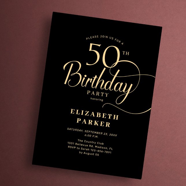 Elegant Simple Black Gold Script 50th Birthday Invitation (Creator Uploaded)