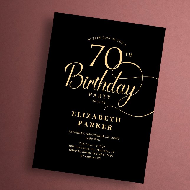 Elegant Simple Black Gold Script 70th Birthday Invitation (Creator Uploaded)