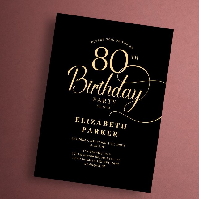 Elegant Simple Black Gold Script 80th Birthday Invitation (Creator Uploaded)