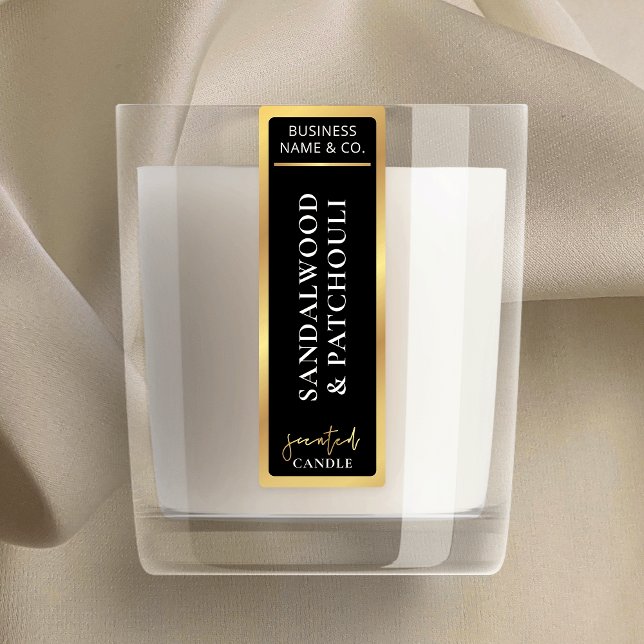 Elegant Simple Black & Gold Tamper Proof Candle (Elegant black and gold border vertical candle jar labels that are sure to impress)