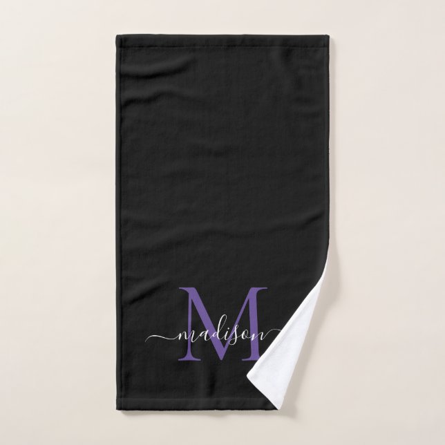 Elegant Simple Black Purple Monogram Script Name Hand Towel (Hand Towel)